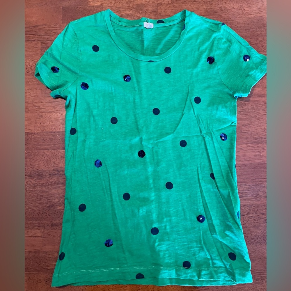 J Crew Green Blue dotted tee Sz Sm.